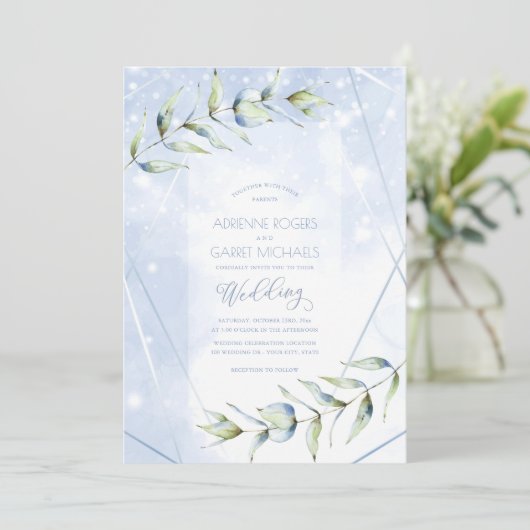 Dusty Blue Eucalyptus Fantasy Wedding Invitation Kaart (Staand voorkant)