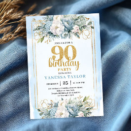Dusty Blue Eucalyptus Gold 90th Birthday Milestone Kaart
