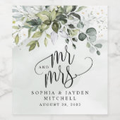 Dusty Blue Eucalyptus Green Mr en Mrs Wedding Wijn Etiket (Enkel label)