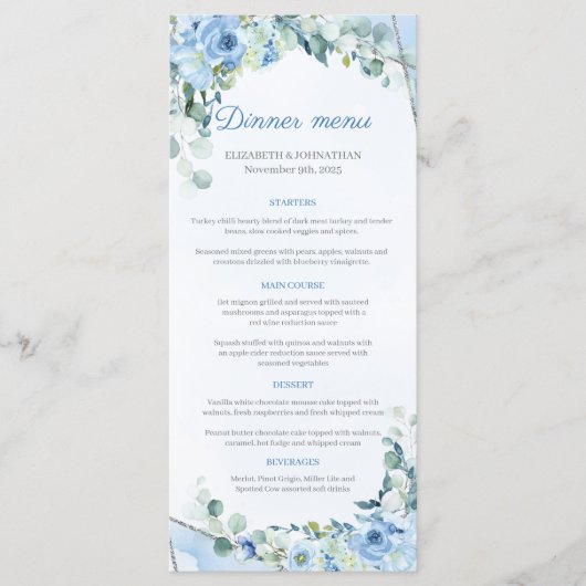 Dusty Blue Eucalyptus Green Silver Lijst Diner Menu (Voorkant)