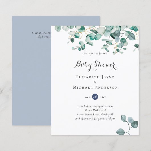 Dusty Blue Eucalyptus Greenery BABY SHOWER Invites (Voorkant / Achterkant)