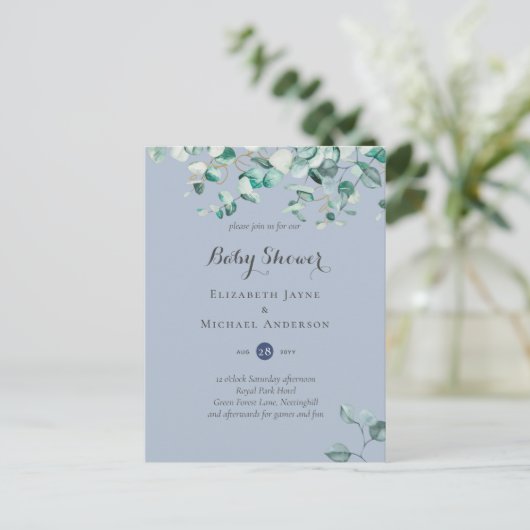 Dusty Blue Eucalyptus Greenery BABY SHOWER Invites Briefkaart (Staand voorkant)