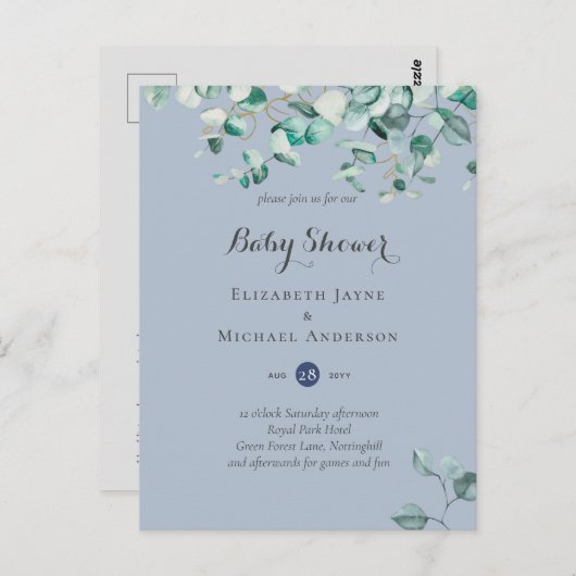Dusty Blue Eucalyptus Greenery BABY SHOWER Invites Briefkaart (Voorkant / Achterkant)