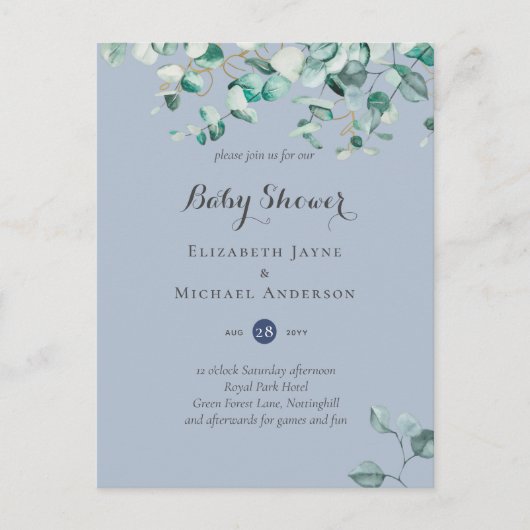 Dusty Blue Eucalyptus Greenery BABY SHOWER Invites Briefkaart (Voorkant)