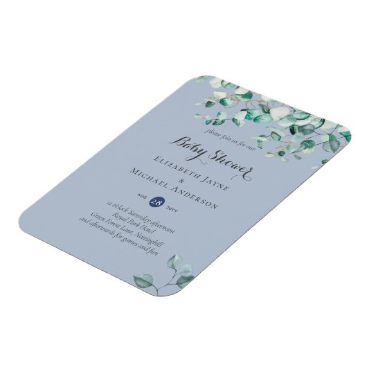 Dusty Blue Eucalyptus Greenery BABY SHOWER Invites Magneet (Linkerzijde)