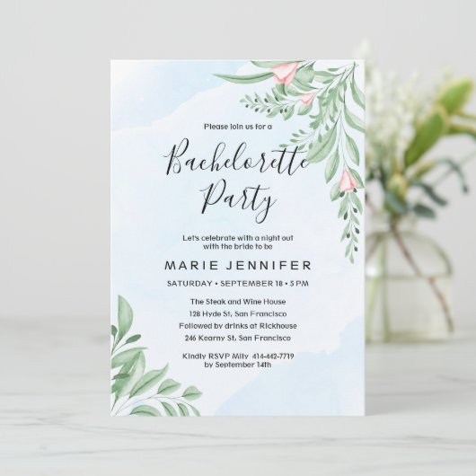 Dusty Blue Eucalyptus Greenery Bachelorette Party Kaart (Staand voorkant)