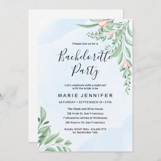 Dusty Blue Eucalyptus Greenery Bachelorette Party Kaart (Voorkant / Achterkant)