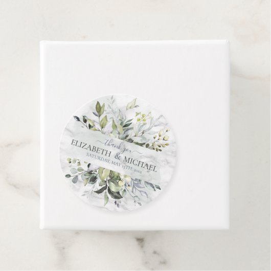 Dusty Blue Eucalyptus Greenery Botanical Marble Bedankjes Labels (In situ)