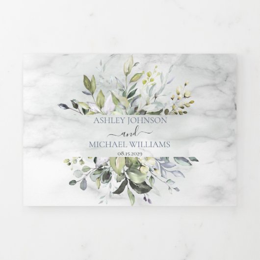 Dusty Blue Eucalyptus Greenery Botanical Marble Drieluik Uitnodiging (Cover)
