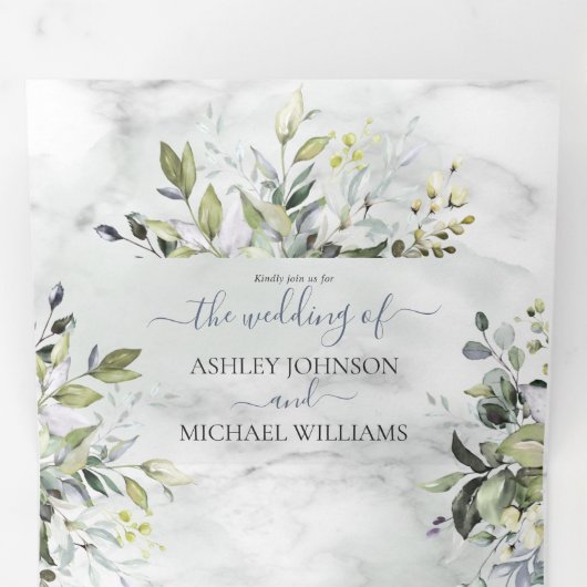 Dusty Blue Eucalyptus Greenery Botanical Marble Drieluik Uitnodiging (Binnenzijde eerst)