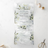 Dusty Blue Eucalyptus Greenery Botanical Marble Drieluik Uitnodiging (Binnen)