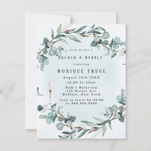 Dusty Blue Eucalyptus Greenery Brunch & Bubble Kaart (Voorkant)