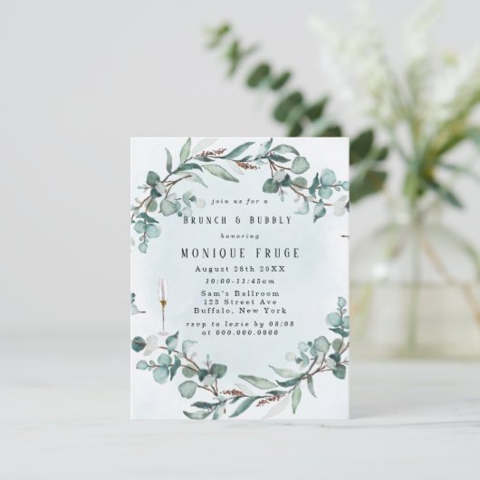 Dusty Blue Eucalyptus Greenery Brunch & Bubble Kaart (Staand voorkant)