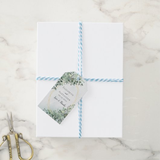 Dusty Blue Eucalyptus Greenery Geometric Wedding Cadeaulabel (Met Touw)