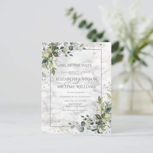 Dusty Blue Eucalyptus Greenery Marble Delay Date Briefkaart (Staand voorkant)