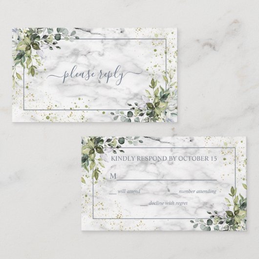 Dusty Blue Eucalyptus Greenery Marble Wedding RSVP Informatiekaartje (Voorkant / Achterkant)