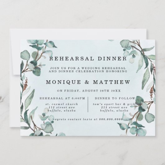 Dusty Blue Eucalyptus Greenery Rehearsal Dinner Kaart (Voorkant)