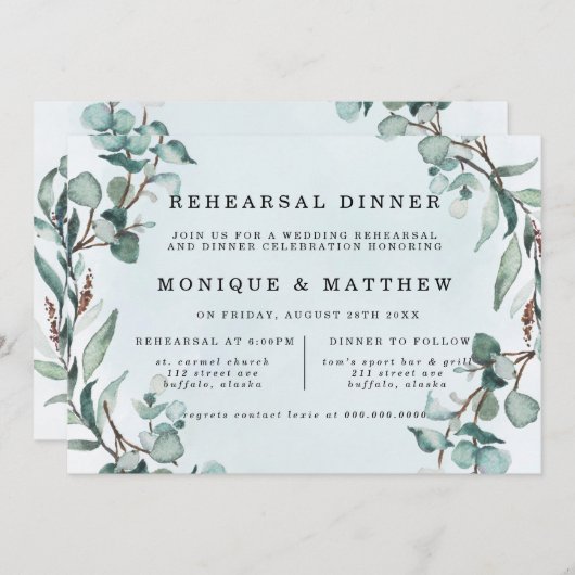 Dusty Blue Eucalyptus Greenery Rehearsal Dinner Kaart (Voorkant / Achterkant)