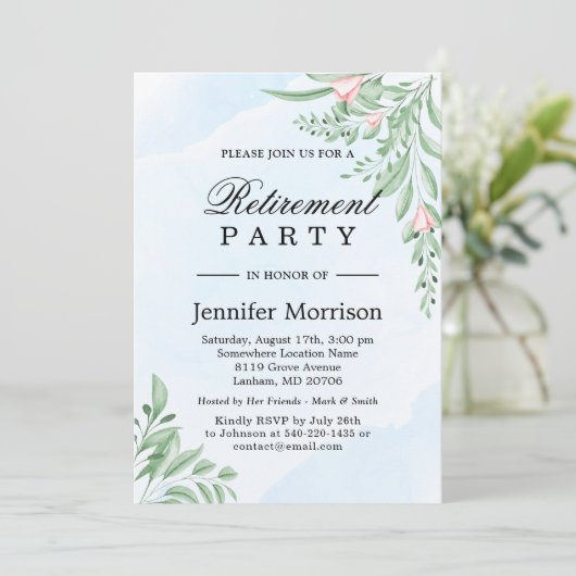 Dusty Blue Eucalyptus Greenery Retirement Party Kaart (Staand voorkant)
