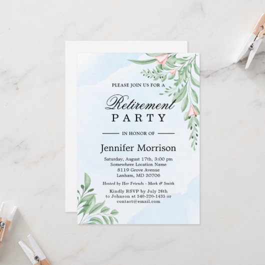 Dusty Blue Eucalyptus Greenery Retirement Party Kaart (Voorkant / Achterkant in situ)