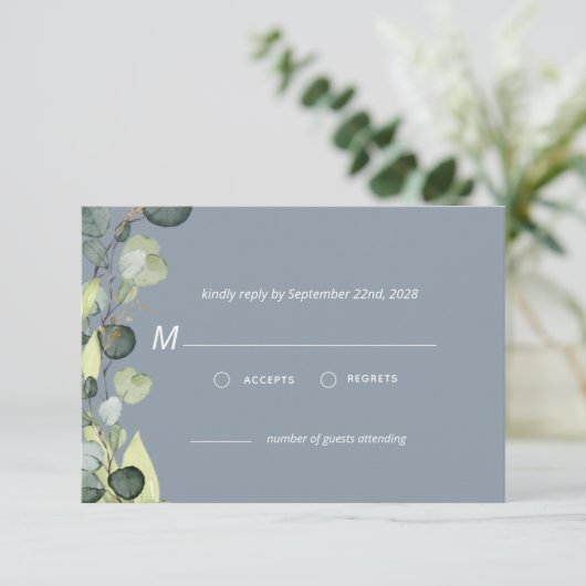 Dusty Blue Eucalyptus Greenery RSVP Simple Kaart (Staand voorkant)
