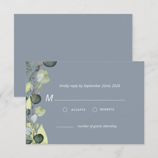 Dusty Blue Eucalyptus Greenery RSVP Simple Kaart (Voorkant / Achterkant)