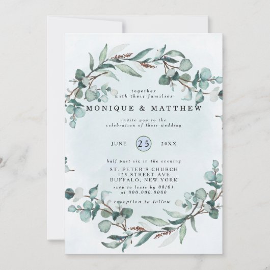 Dusty Blue Eucalyptus Greenery Rustic Wedding Kaart (Voorkant)