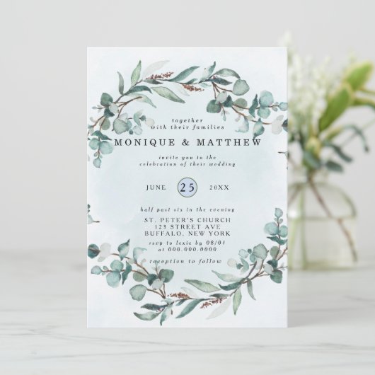 Dusty Blue Eucalyptus Greenery Rustic Wedding Kaart (Staand voorkant)