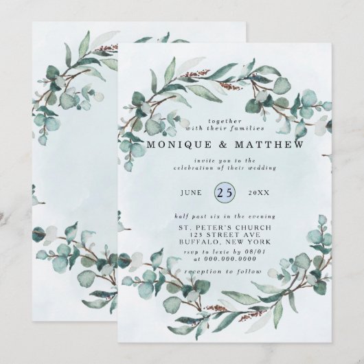 Dusty Blue Eucalyptus Greenery Rustic Wedding Kaart (Voorkant / Achterkant)