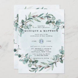 Dusty Blue Eucalyptus Greenery Rustic Wedding Kaart