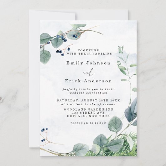 Dusty Blue Eucalyptus Greenery Rustic Wedding Kaart (Voorkant)