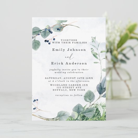 Dusty Blue Eucalyptus Greenery Rustic Wedding Kaart (Staand voorkant)