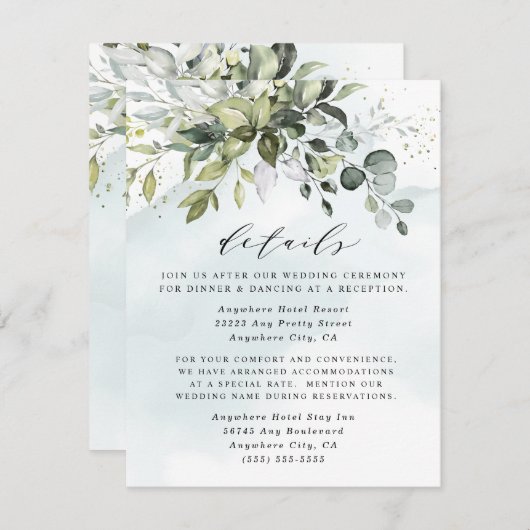 Dusty Blue Eucalyptus Greenery Succulent Wedding Informatiekaartje (Voorkant / Achterkant)