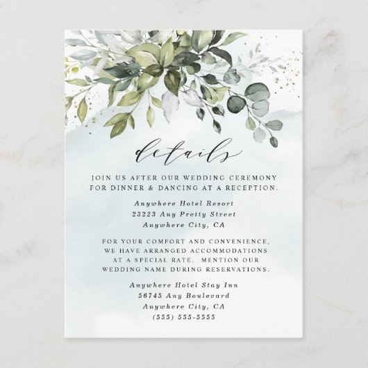Dusty Blue Eucalyptus Greenery Succulent Wedding Informatiekaartje (Voorkant)