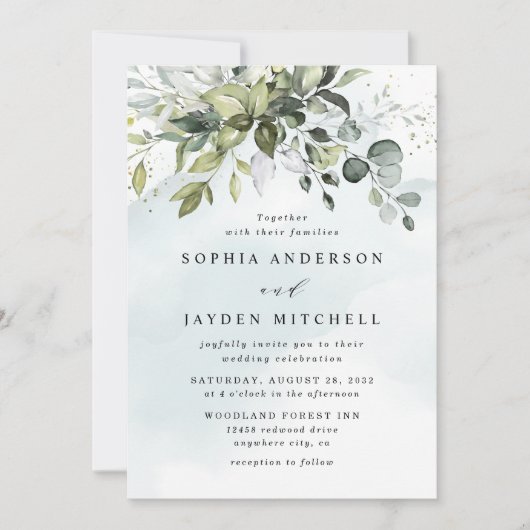 Dusty Blue Eucalyptus Greenery Succulent Wedding Kaart (Voorkant)