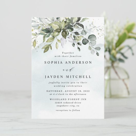 Dusty Blue Eucalyptus Greenery Succulent Wedding Kaart (Staand voorkant)