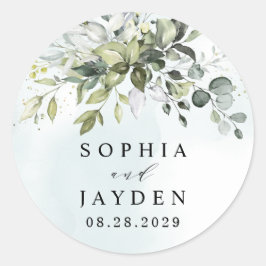 Dusty Blue Eucalyptus Greenery Succulent Wedding Ronde Sticker