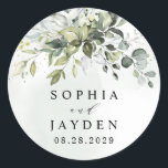 Dusty Blue Eucalyptus Greenery Succulent Wedding Ronde Sticker<br><div class="desc">Het ontwerp bevat een boeket van waterverf groen,  eucalyptus en een succulent over een stoffige blauwe waterverf splash. Het ontwerp bevat ook spetters van geverfd (bedrukt) goud en groen. Uitzicht de verbinding van het collectie op deze pagina om alle passende punten in dit prachtige ontwerp te zien.</div>