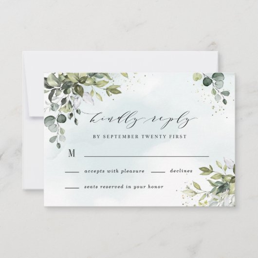 Dusty Blue Eucalyptus Greenery Succulent Wedding RSVP Kaartje (Voorkant)