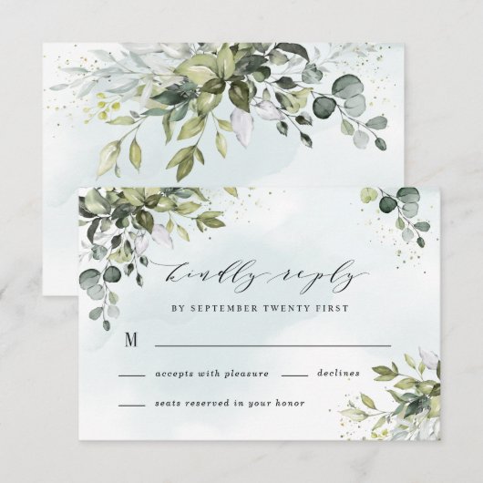 Dusty Blue Eucalyptus Greenery Succulent Wedding RSVP Kaartje (Voorkant / Achterkant)