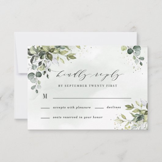 Dusty Blue Eucalyptus Greenery Succulent Wedding RSVP Kaartje (Voorkant)