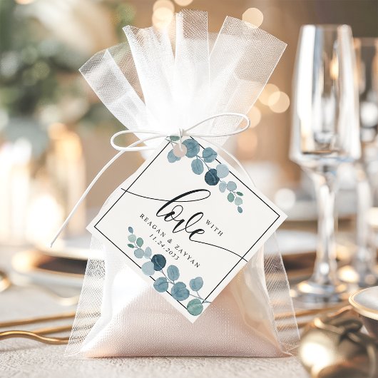 Dusty Blue Eucalyptus Greenery Weddenschap met lie Bedankjes Labels