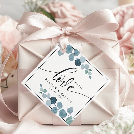 Dusty Blue Eucalyptus Greenery Weddenschap met lie Bedankjes Labels