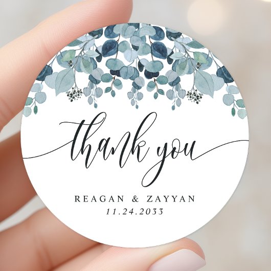 Dusty Blue Eucalyptus Greenery Weddenschap Ronde Sticker