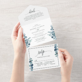 Dusty Blue Eucalyptus Greenery Wedding All In One Uitnodiging