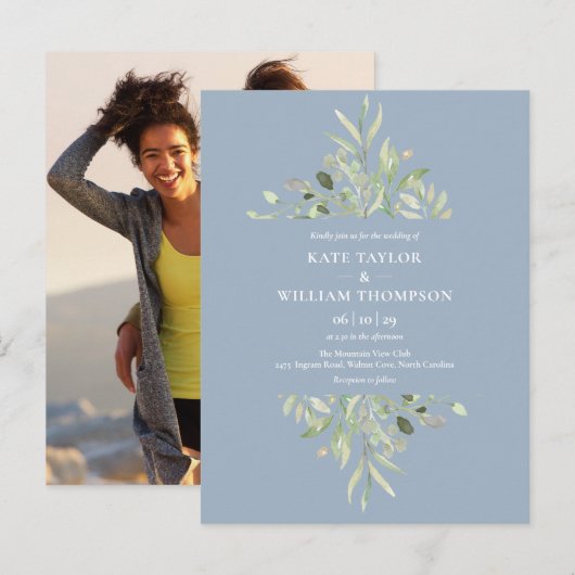 Dusty Blue Eucalyptus Greenery Wedding Foto Uitnodiging Briefkaart (Voorkant / Achterkant)