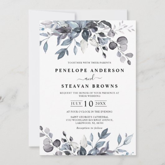 Dusty Blue Eucalyptus Greenery Wedding Kaart (Voorkant)