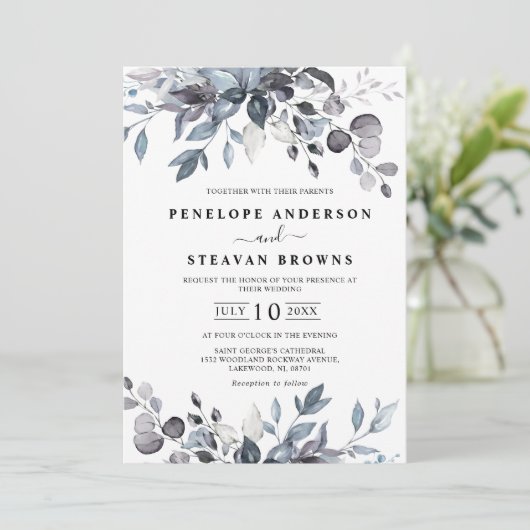 Dusty Blue Eucalyptus Greenery Wedding Kaart (Staand voorkant)