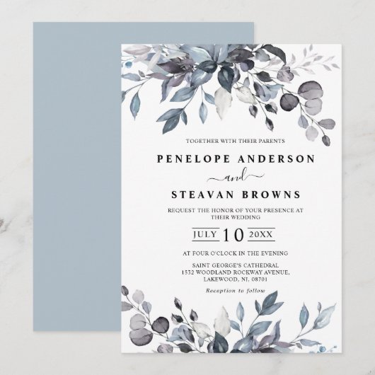 Dusty Blue Eucalyptus Greenery Wedding Kaart (Voorkant / Achterkant)