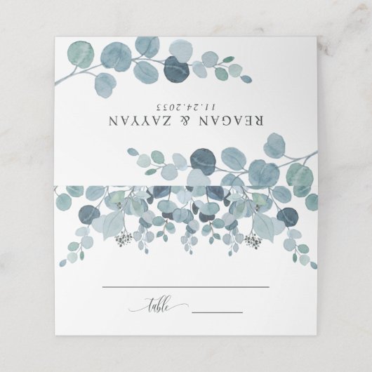 Dusty Blue Eucalyptus Greenery Wedding Plaatskaartje (Buitenkant ongevouwen)